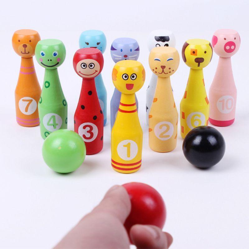 13pcs/set Wooden Bowling Set 10 Pins 3 Ball Animal Bowling Game for Children