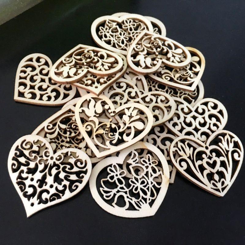 50pcs Carving Hollow Heart Flower Wooden Painting Scrapbooking Craft Handmade