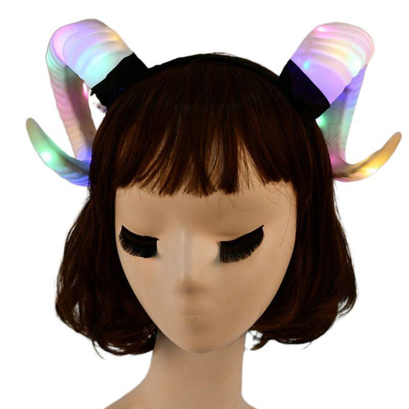 Gothic Womens Antelope Sheep Horn Headband LED Glowing Party Hair Hoop Light Up