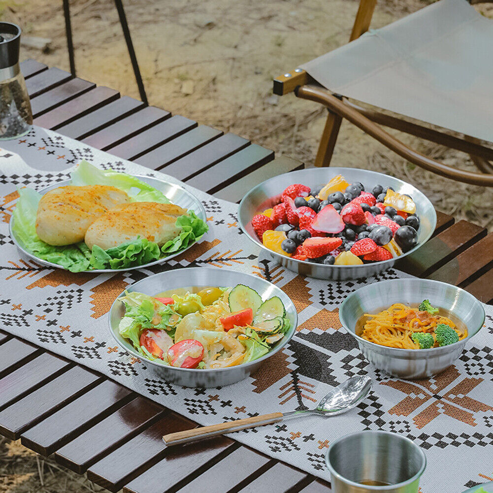 4pcs/Set Outdoor Stainless Steel Dinner Plate Barbecue Picnic Dish Bowl