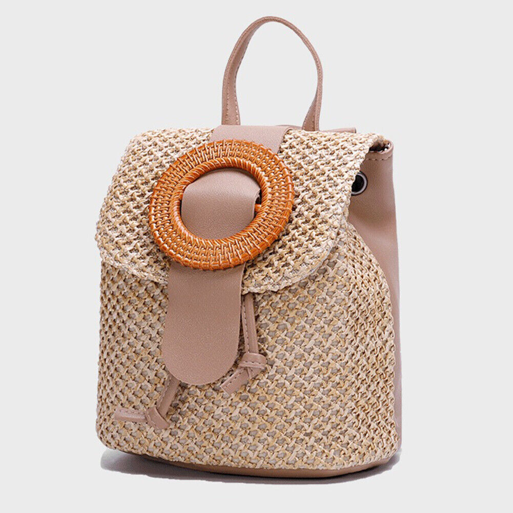 Straw Bucket Backpack Women Summer Beach Travel Drawstring Shoulder Bags