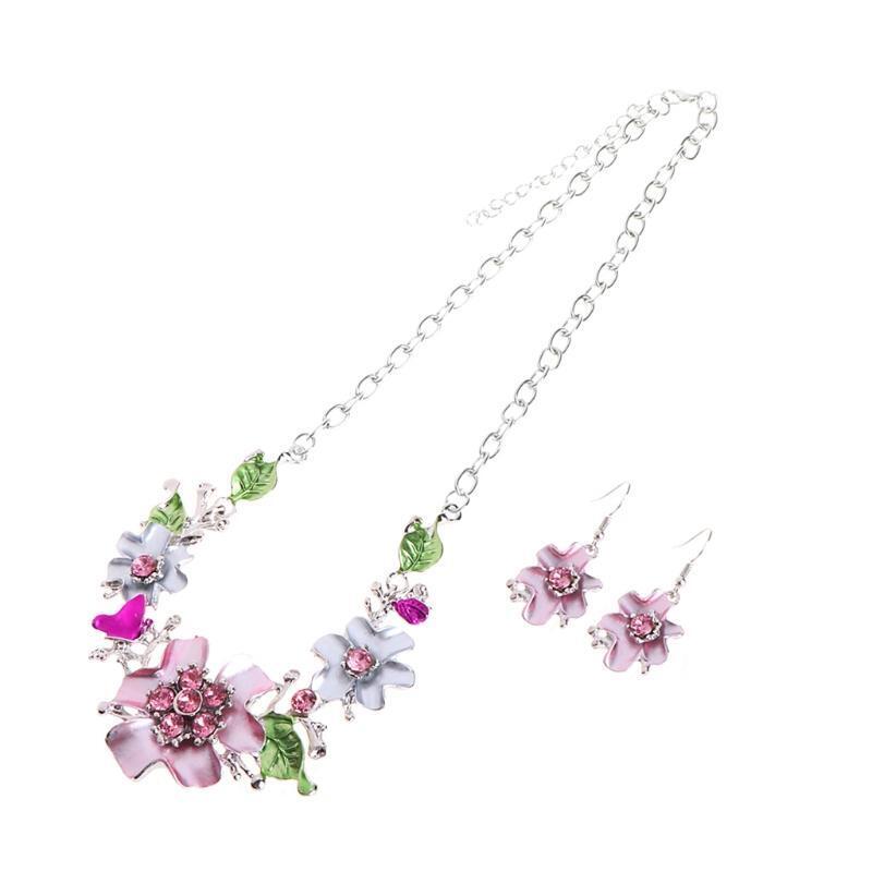 Women Necklace Jewelry Flower Pendant Earring Rhinestone Alloy Fashion Exquisite