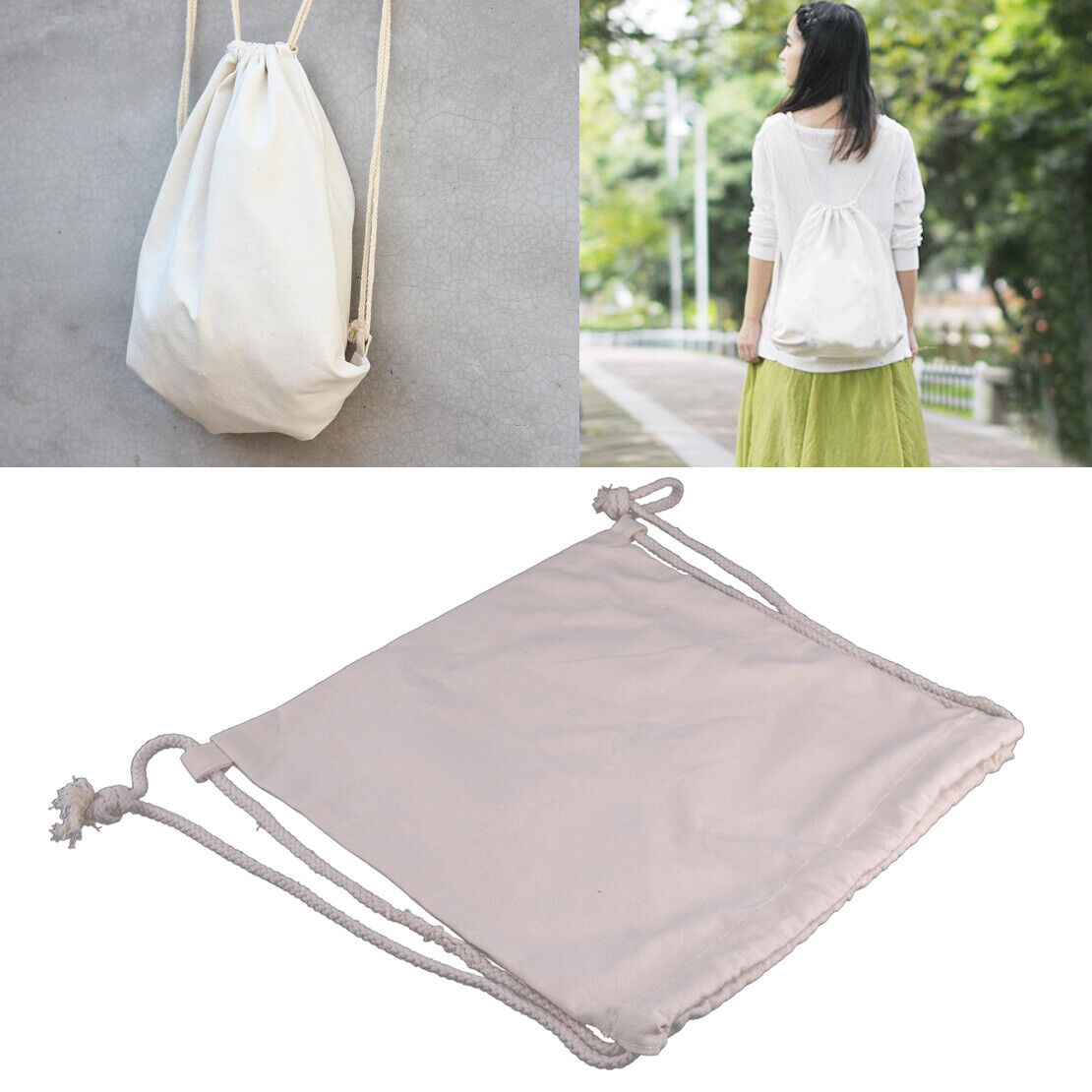 DIY plain Canvas Drawstring Backpack Travel Bag Student Kids craft white Lid