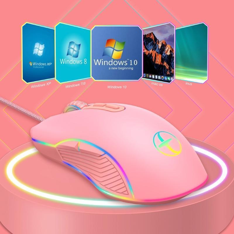 Optical Pink Wired Mouse Mice With Braided USB for Laptop Computer Gift w/Type-C