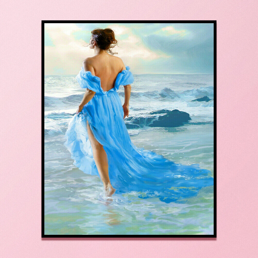 DIY Printed Seaside Girl Cross Stitch Kit Full Embroidery Canvas Home Decor