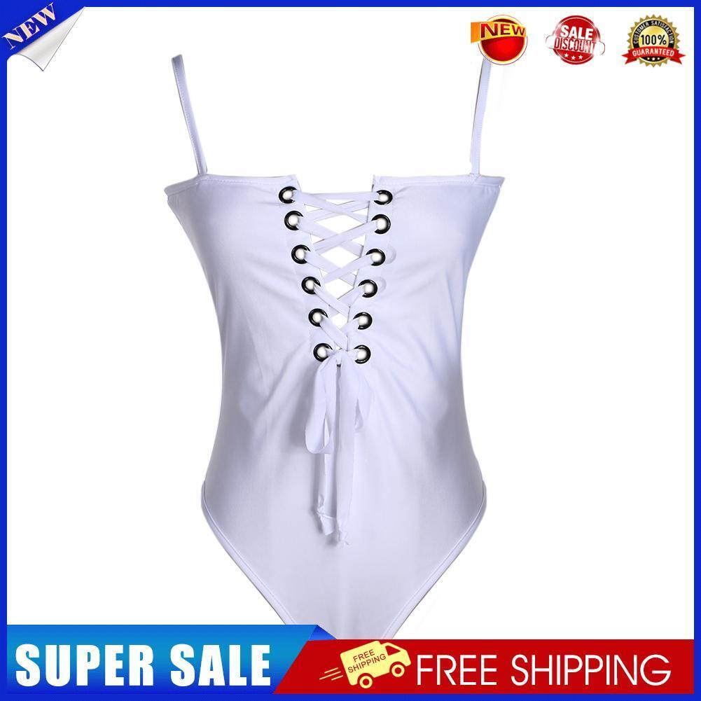 2017 Women V Neck one-piece Bandage Swimsuit (White)(XL)