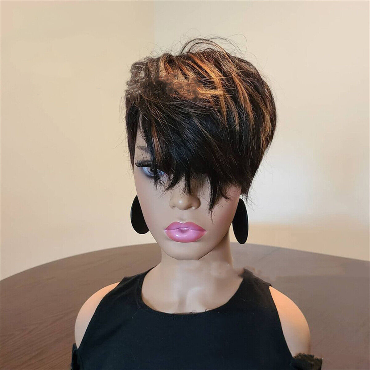 Women Fashion Short Straight Wig Natural Black Brown Hair Full Wigs with Bangs