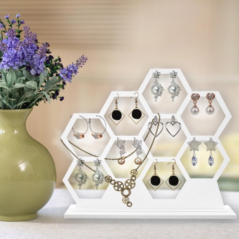 Natural Wood White Honeycomb Jewelry Earring Display Stand Up to Hold 9 Earrings