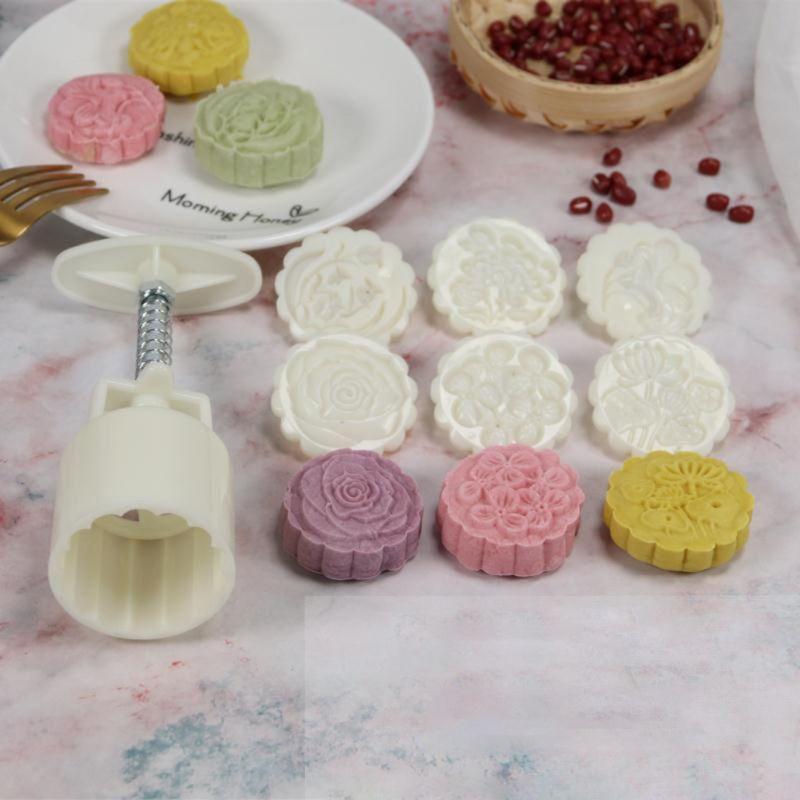 6pcs Hand Press Cookie Stamp Moon Cake Decor Barrel Mooncake Mold 50g Pastry DIY