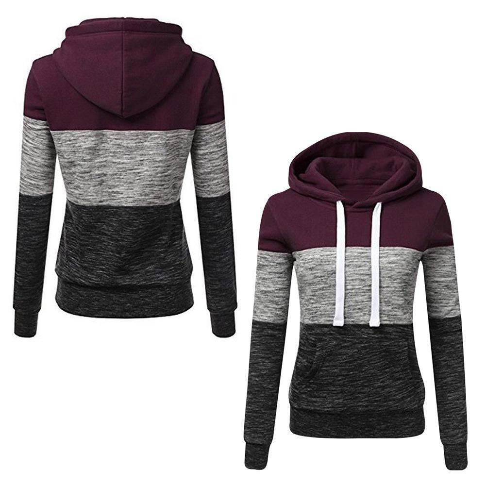 Stitching Women Long Sleeve Hit Color Autumn Leisure Hoodies (Red XL)
