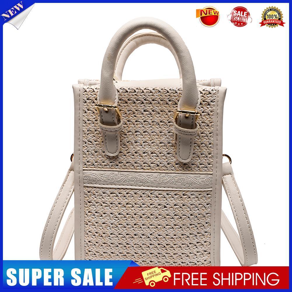Women Straw Crossbody Bag Boho Beach Hand Woven Purses Tote Handbag (White)