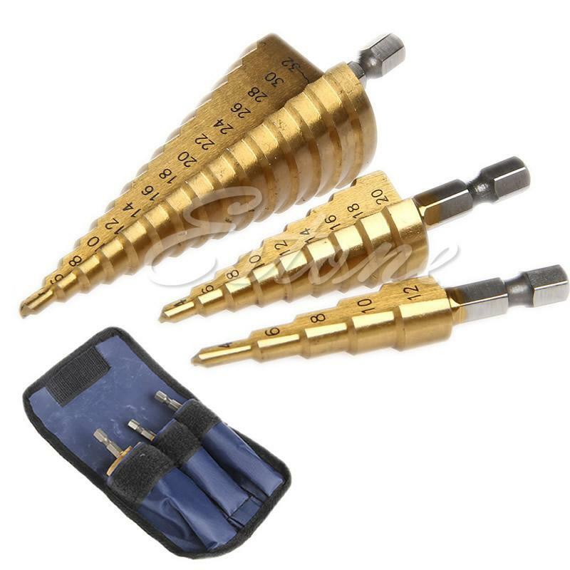 New 3Pc Set Steel Titanium Nitride Coated Step Drill Bit Quick Change 1/4" Shank
