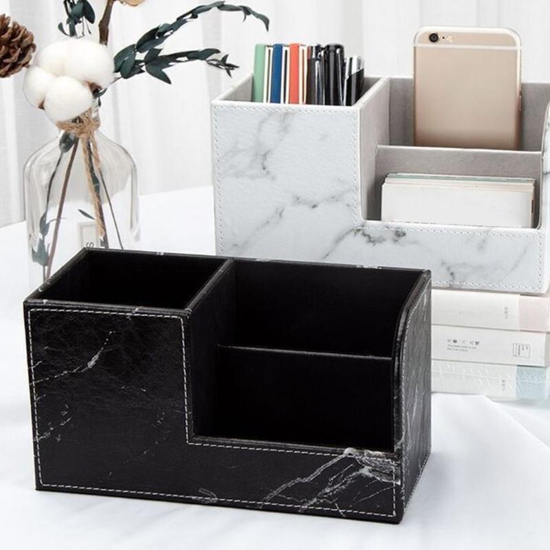 Black Marble Leather Desk Stationery Organizer Pen Pencil Holder Remote Control