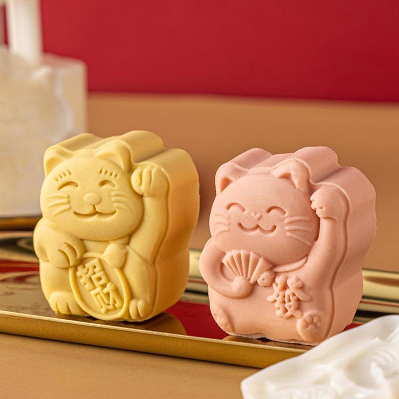 Plastic Mooncake Stamps Lucky Cat Shape Mooncake Mold Festival DIY Hand Press