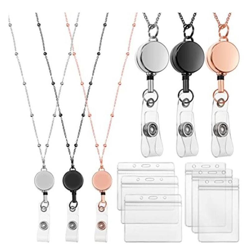 Badge Lanyard with Id Holder Alloy Badge Necklace Retractable Reel Clip Chain