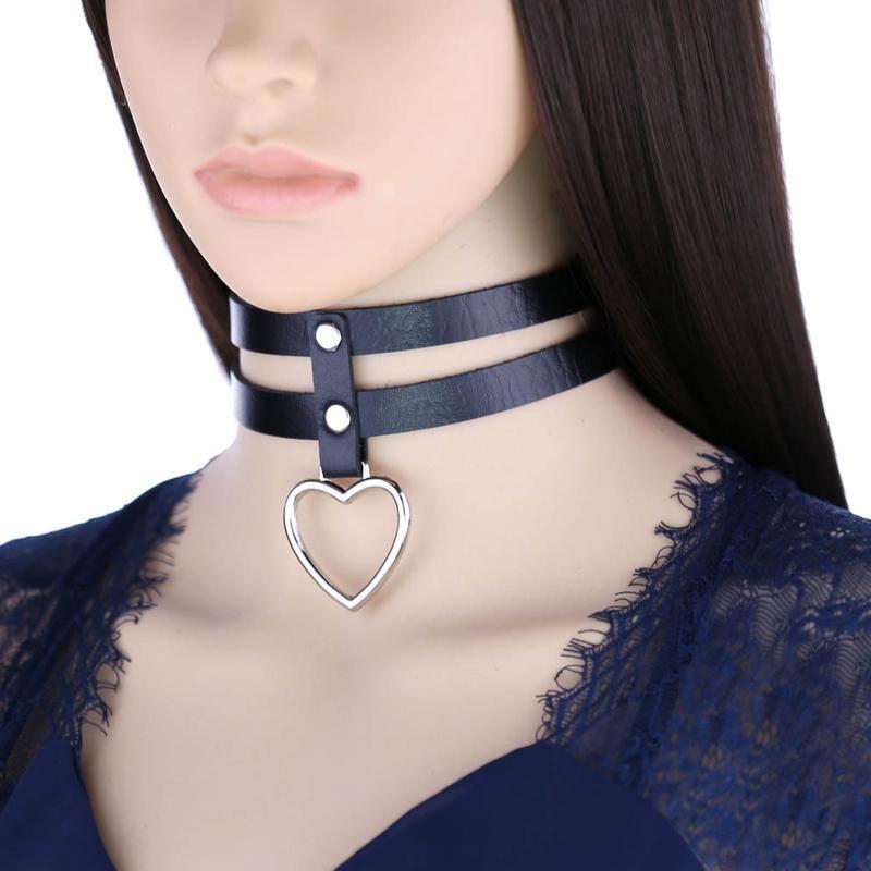 Adjustable Gothic Leather Choker Collar Layered Pu Heart Punk Choker Necklace