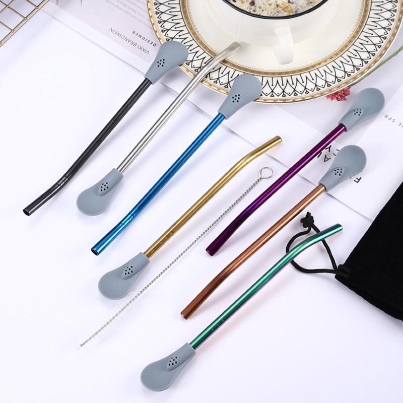 Stainless Steel Straw Spoons Set Drinking Stirring Spoon Filter Straw Detachable