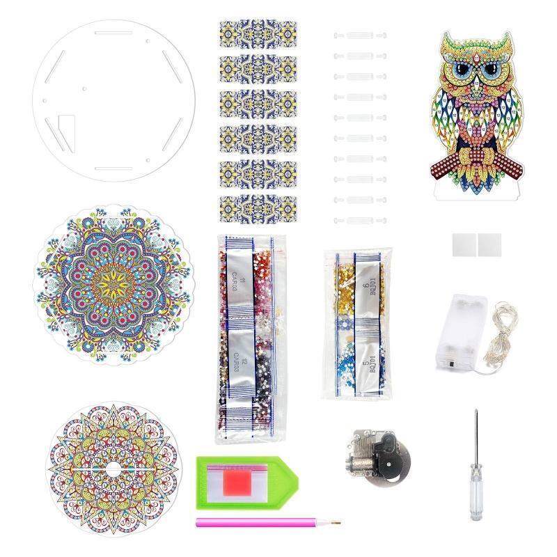 Owl Standing on Branch DIY Diamond Painting Mechanical Music Box with LED Light