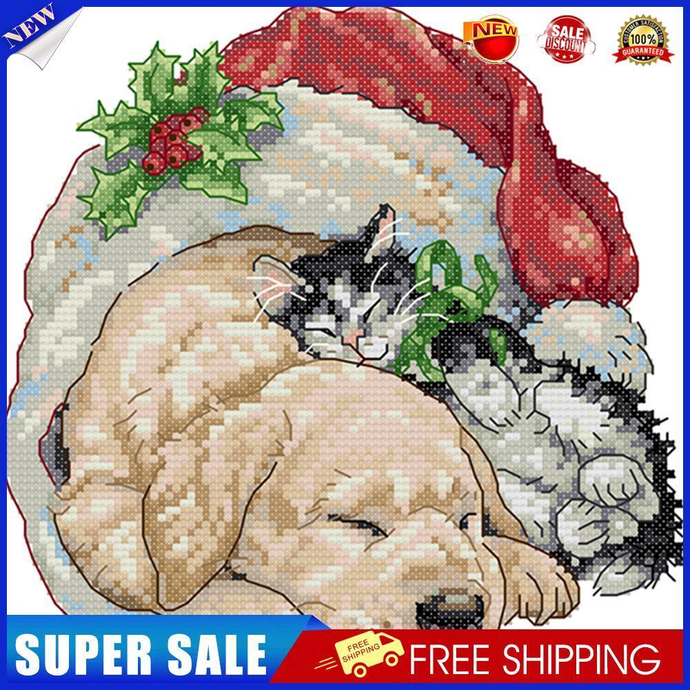 Xmas Dog Cat Cotton Thread 14CT Stamp Cross Stitch Kit Embroidery (DA121)