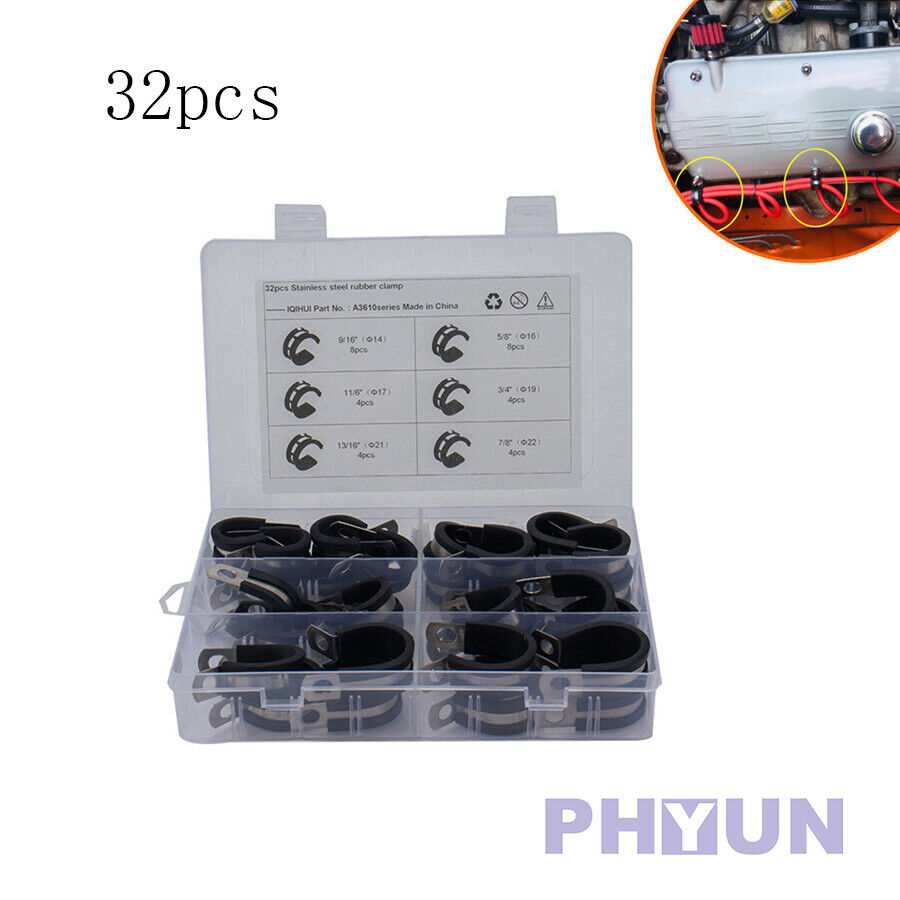 32pcs Car Universal Cable Rubber Cushion Stainless Steel Insulated Clamps Kit