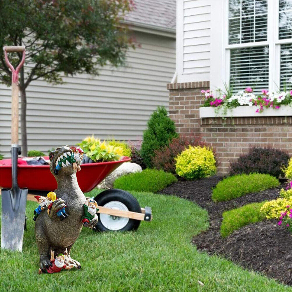 Dinosaur Eating Gnomes Garden Statue Outdoor Art Sculpture for Patio (S)