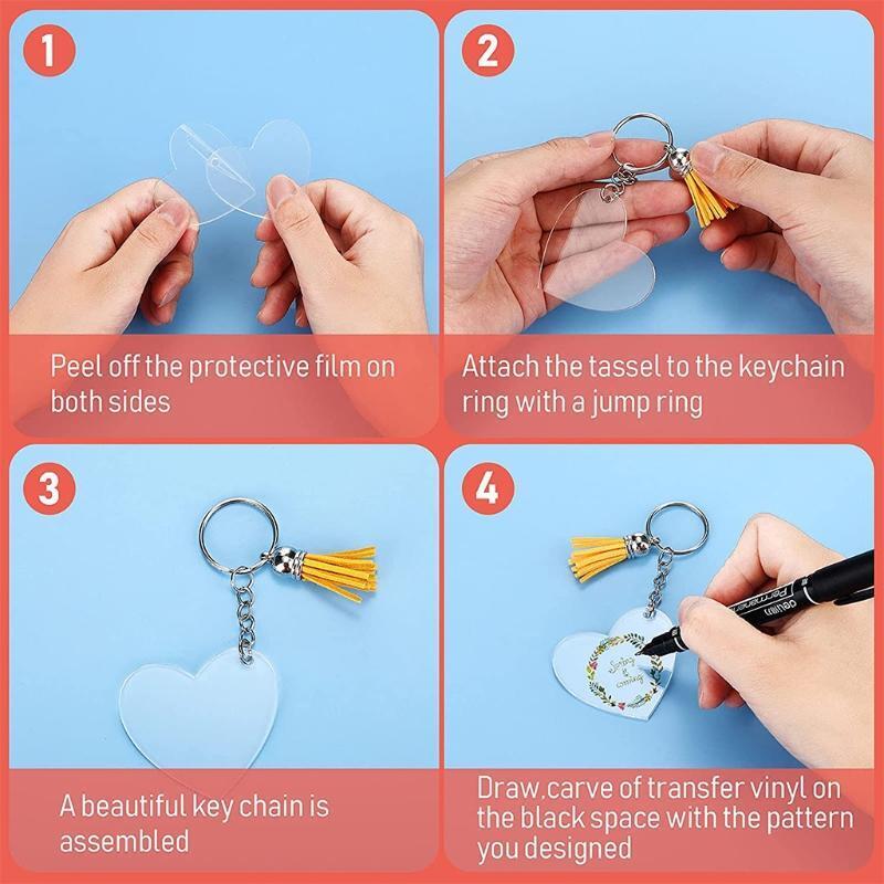 DIY Crafts Transparent Acrylic Leather Tassel Keychain Set Round Keychain Blank