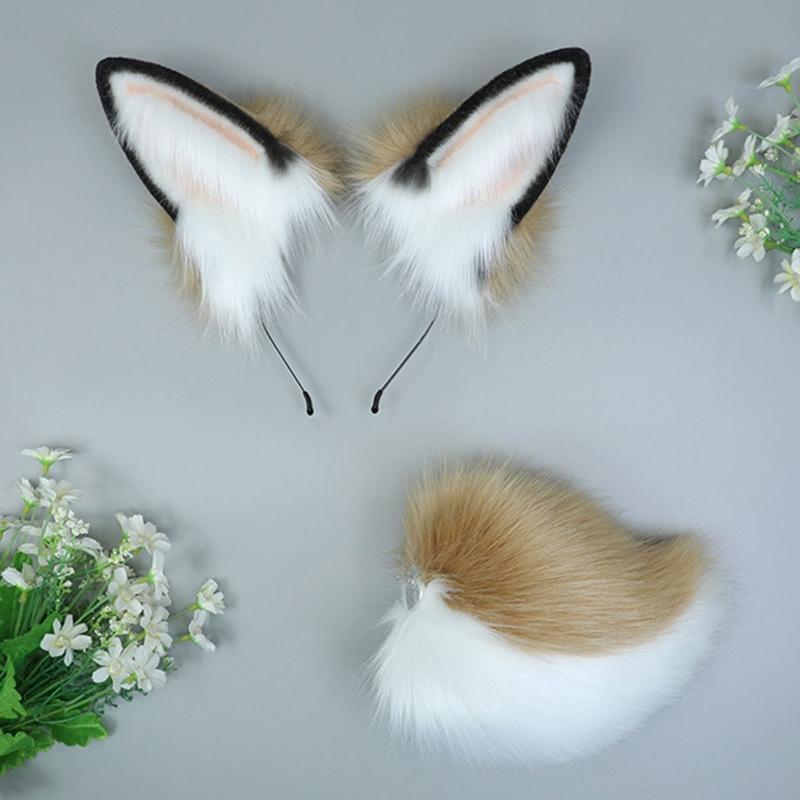 Rabbit Ears Headband Simulation Animal Tail Headdress Set for Masquerade Ball