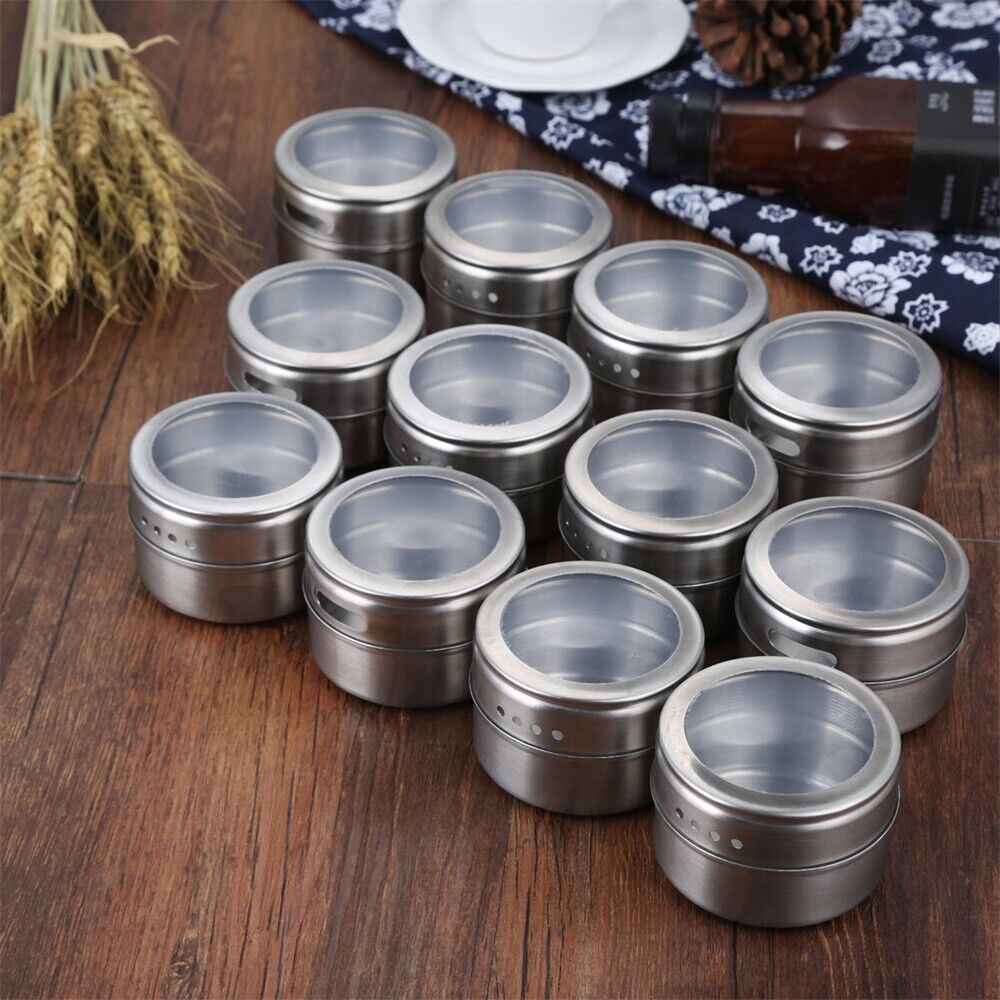 12Pcs/set Magnetic Spice Tins Stainless Storage Container Jars with Clear Lids