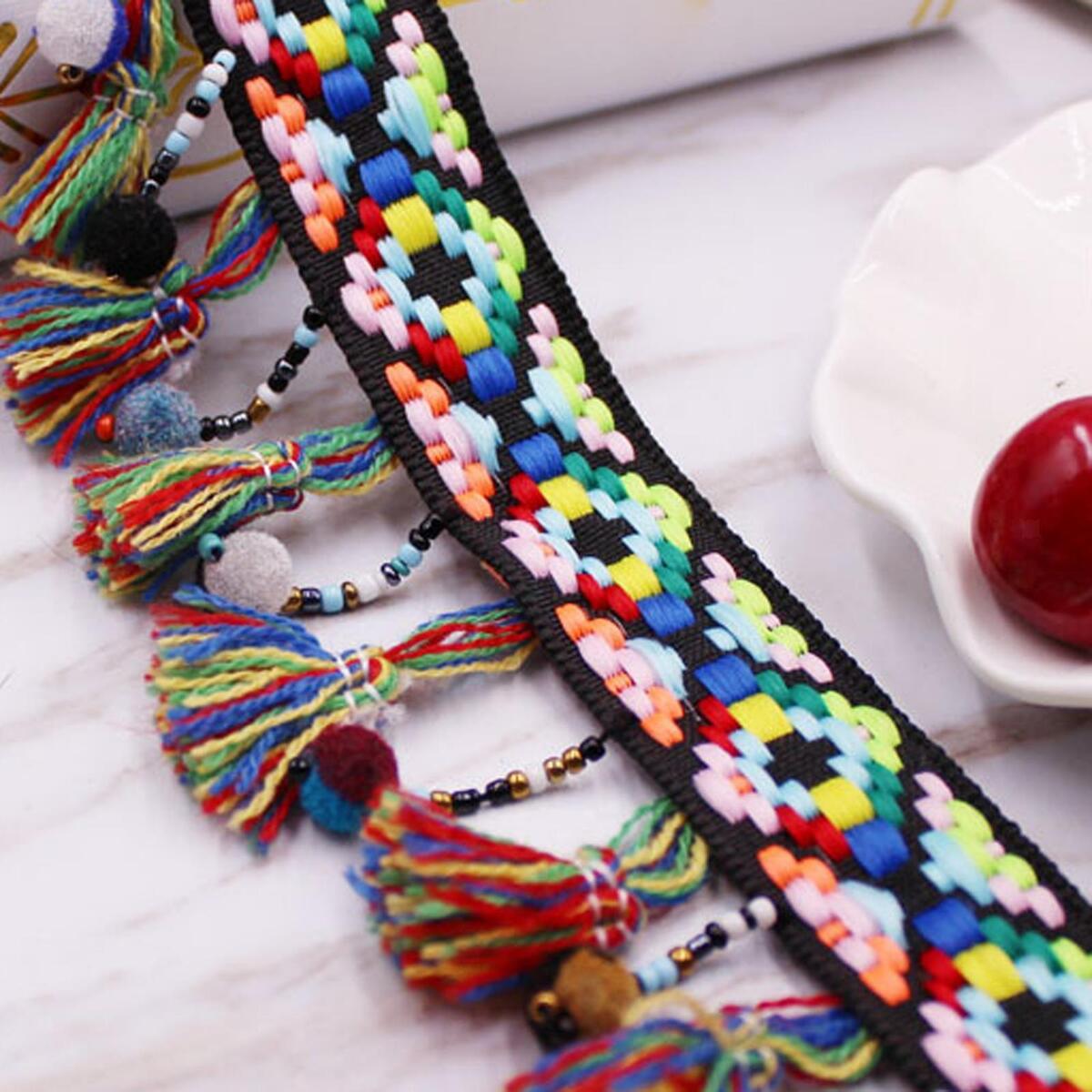 Colorful Tassel Embroidered  2.5cm Width for Sewing Craft Scarf Headwear