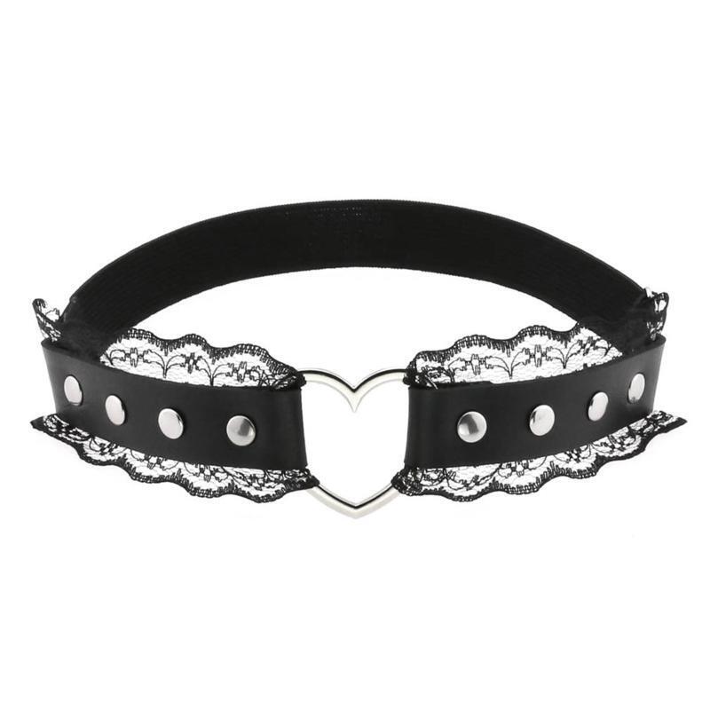 Women Punk PU Leather Belt with Pleated Lace Ladies Gothic Rock Leg Chain