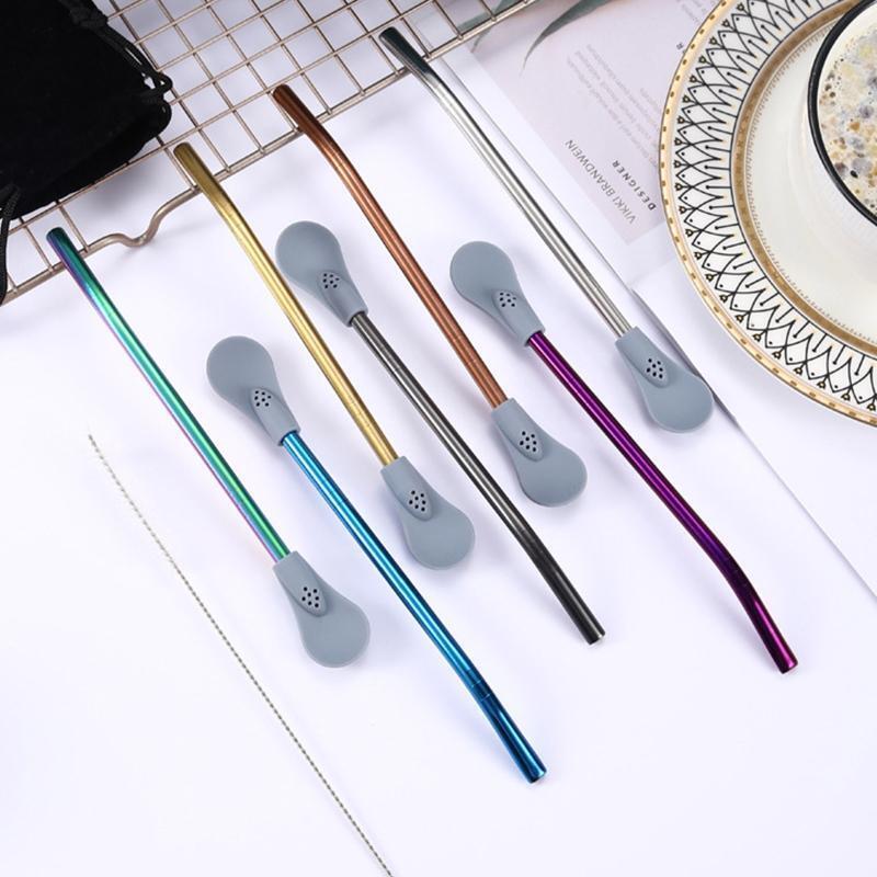 Stainless Steel Straw Spoons Set Drinking Stirring Spoon Filter Straw Detachable