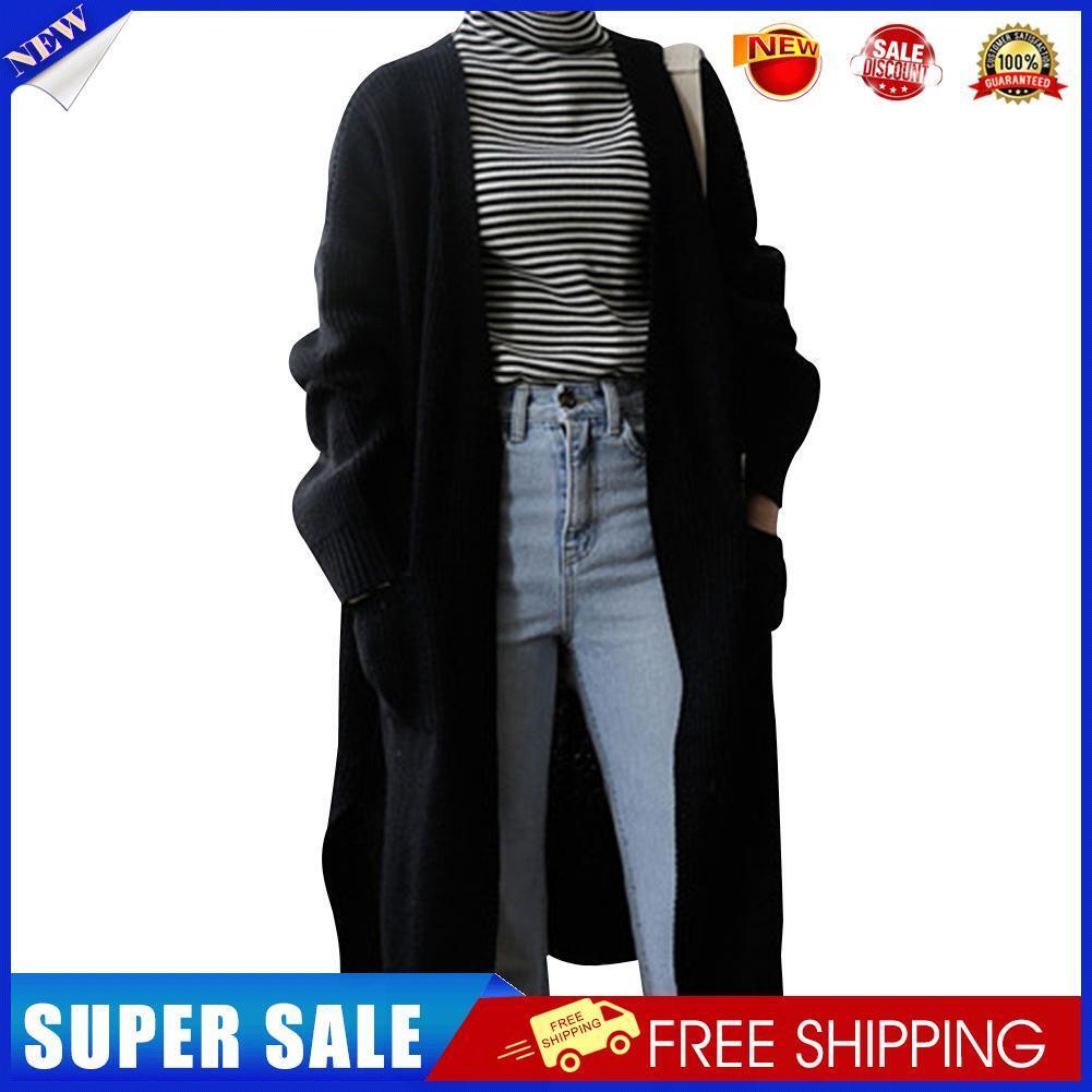 Women Long Sleeve Solid Knitted Autumn Winter Chic Sweater Coat (Black)
