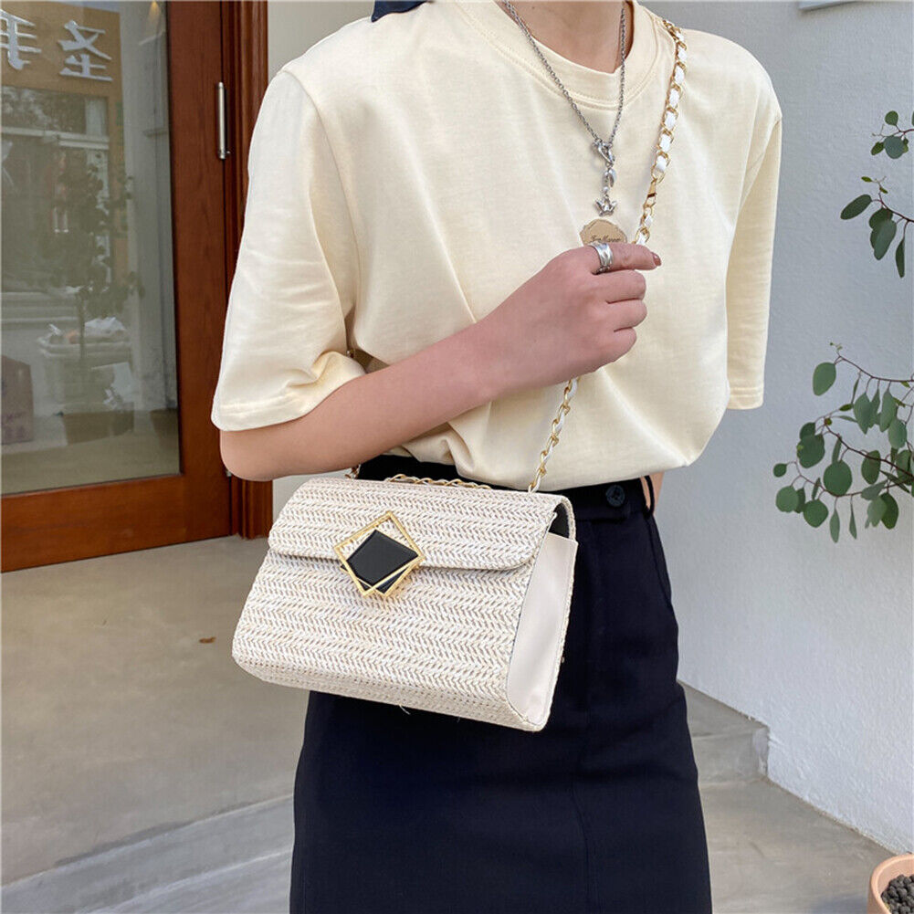 Fashion Women Woven Shoulder Underarm Bag Vacation Crossbody Bags (Beige)