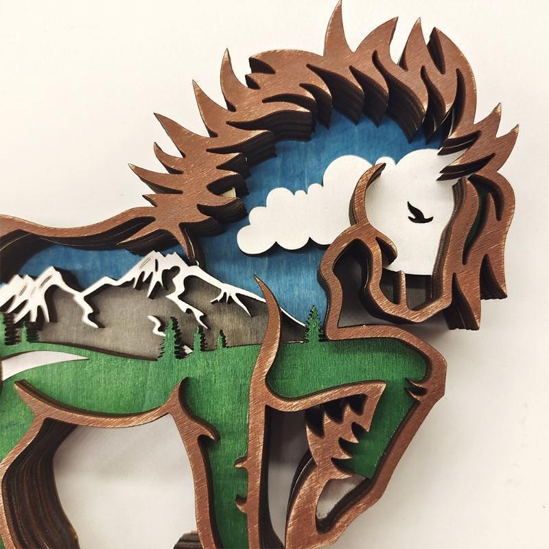 Wood Horse Ornament Glowing Multi Layer Sculpture Crafts for Home Ornaments
