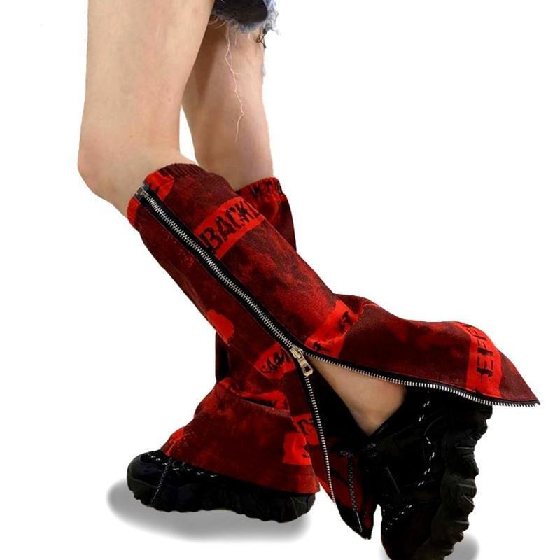 Harajuku Women Red Flared Leg Warmers Punk Letters Side Zipper Foot Cover Socks