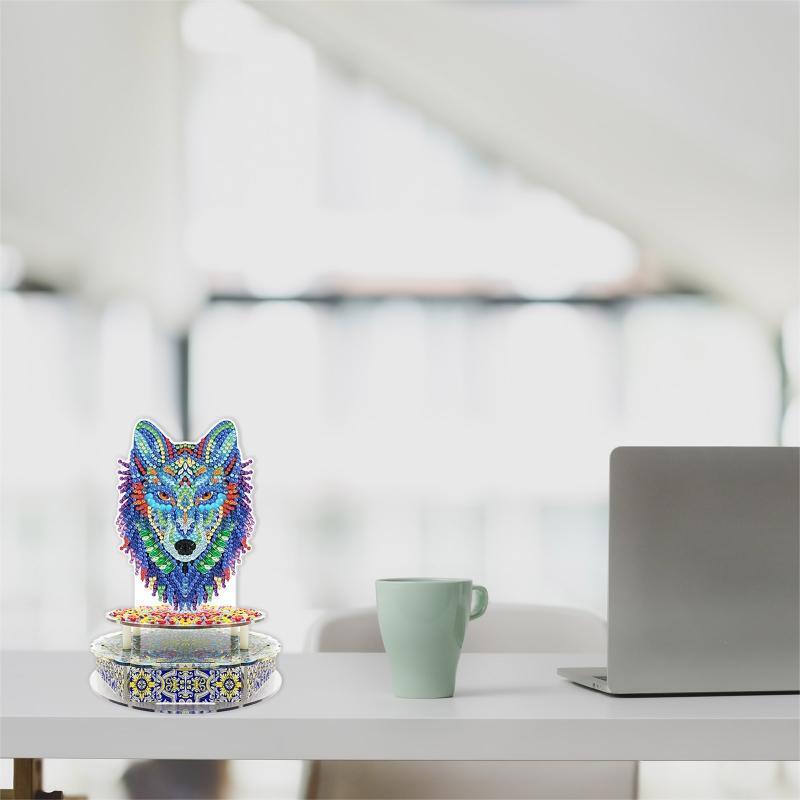 Colorful Wolf Head DIY Diamond Painting Mechanical Music Box with LED Light Gift