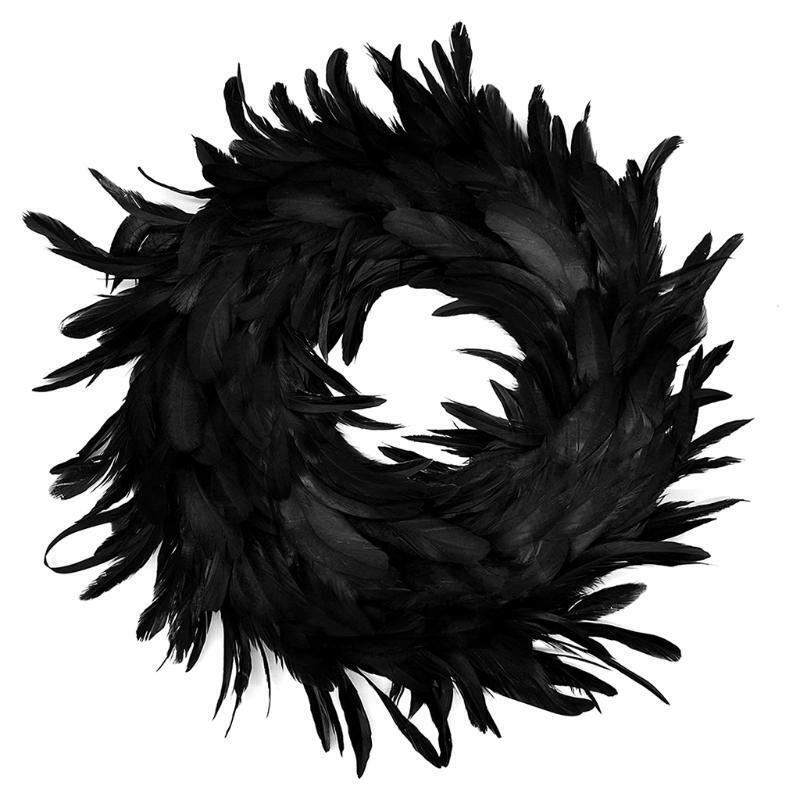 15.7in Natural Feathers Wreath Front Door Black Feather Wreath Halloween Decor