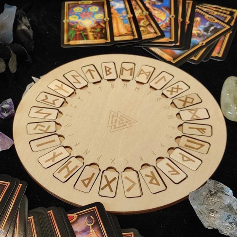 Wooden Runes Divination Engraved Board Wiccan Symbols Signs Altar Round Tile