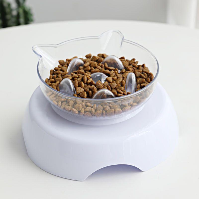 Pet Cat Food Water Bowl Dog Raised 15 Degree Tilt Neck Guard Stand Slow Feeder
