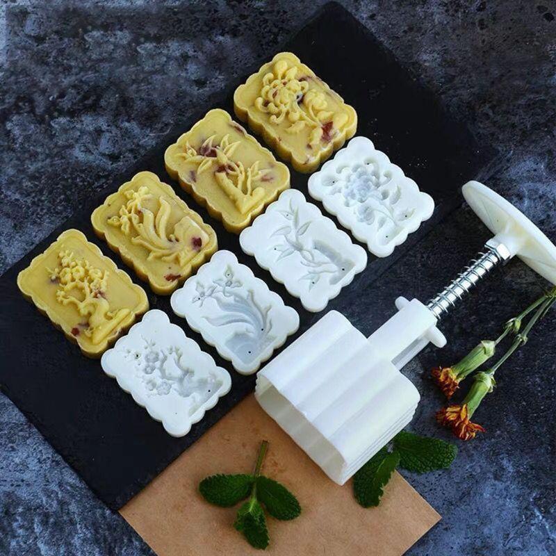 Bean Mooncake Mold with 4pcs Square Flowers Stamps Hand Press Moon Cake Pastry