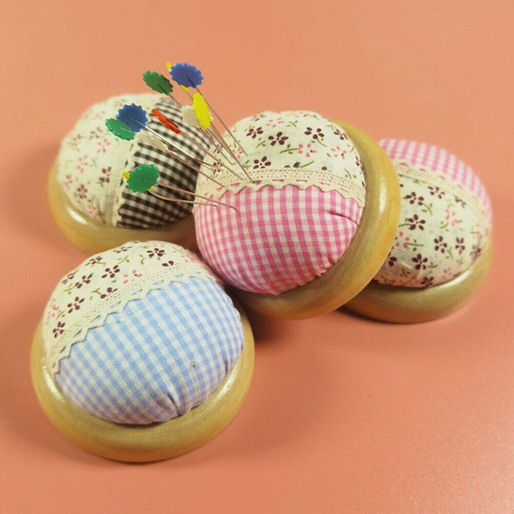 Splicing Pastoral Round Pin Cushion Wood Base Fabric Needle Storage Holder