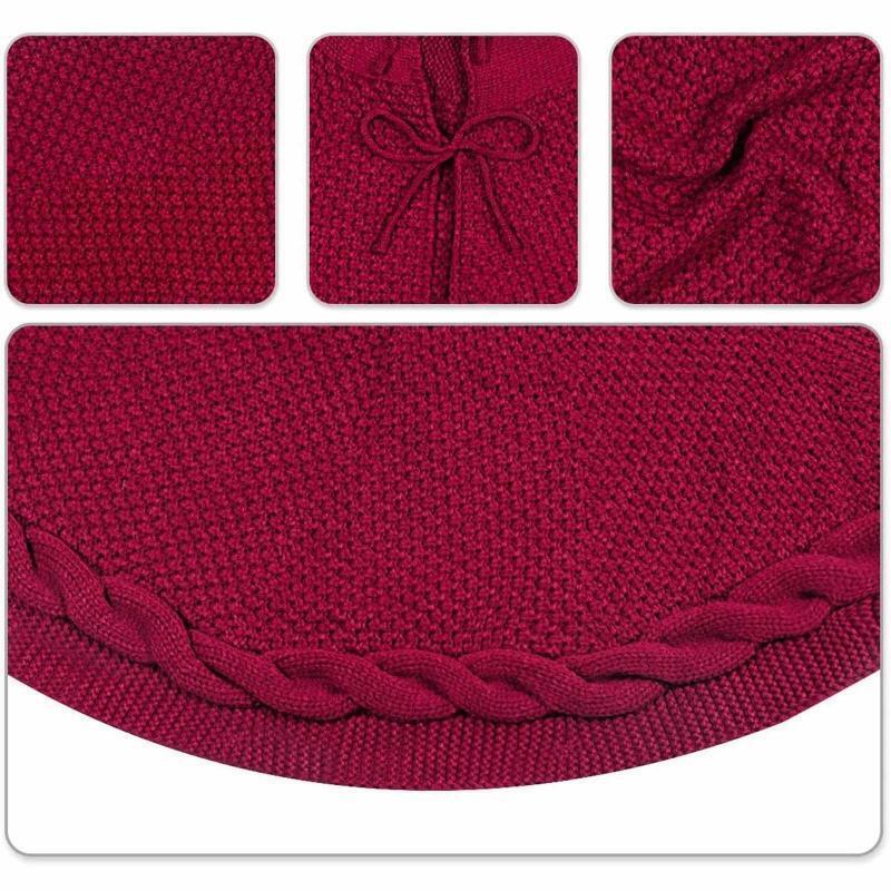 Christmas Tree Skirt Burgundy Red Thick Knitted Mat Xmas Tree Base Cover 48 Inch