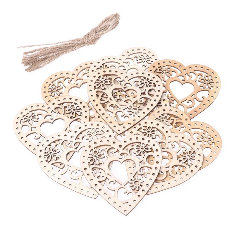 10Pcs Heart Shap Hollow Unfinished Wooden Hanging Ornament DIY Decor With String