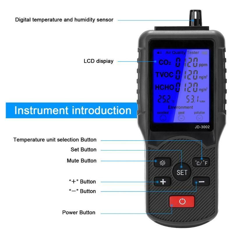 LCD Temperature Humidity  Multifunctional Air Quality Tester CO2 TVOC Meter