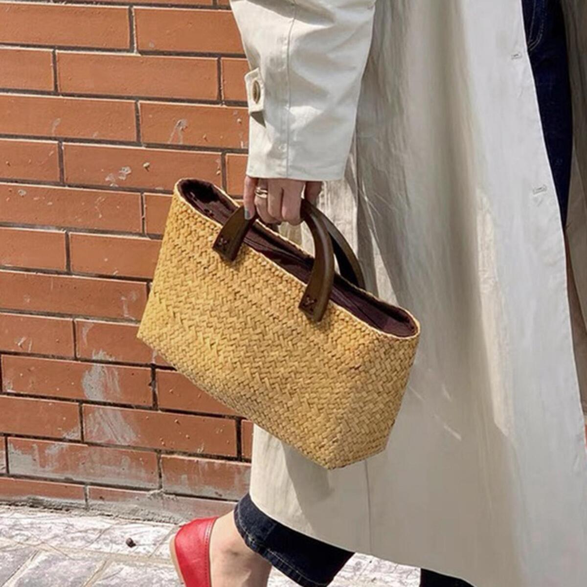 Women Straw Handbag Tote Bag Handwoven with Handles Rattan Birthday Gift