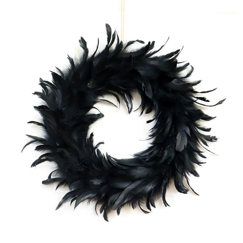 15.7in Natural Feathers Wreath Front Door Black Feather Wreath Halloween Decor
