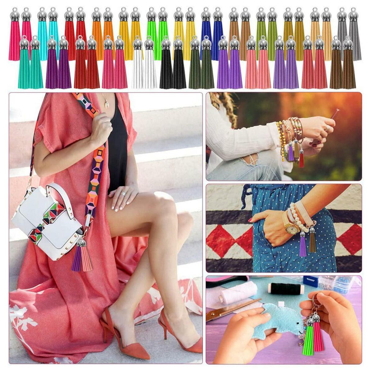 50Pcs Colored 1.5 Inch Leather Keychain Tassels Bulk Fringe DIY Crafting
