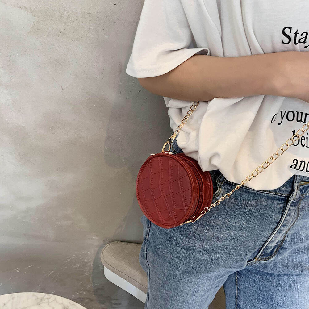 Women Mini Round Shoulder Bag PU Chain Messenger Solid Color Purse (Red)
