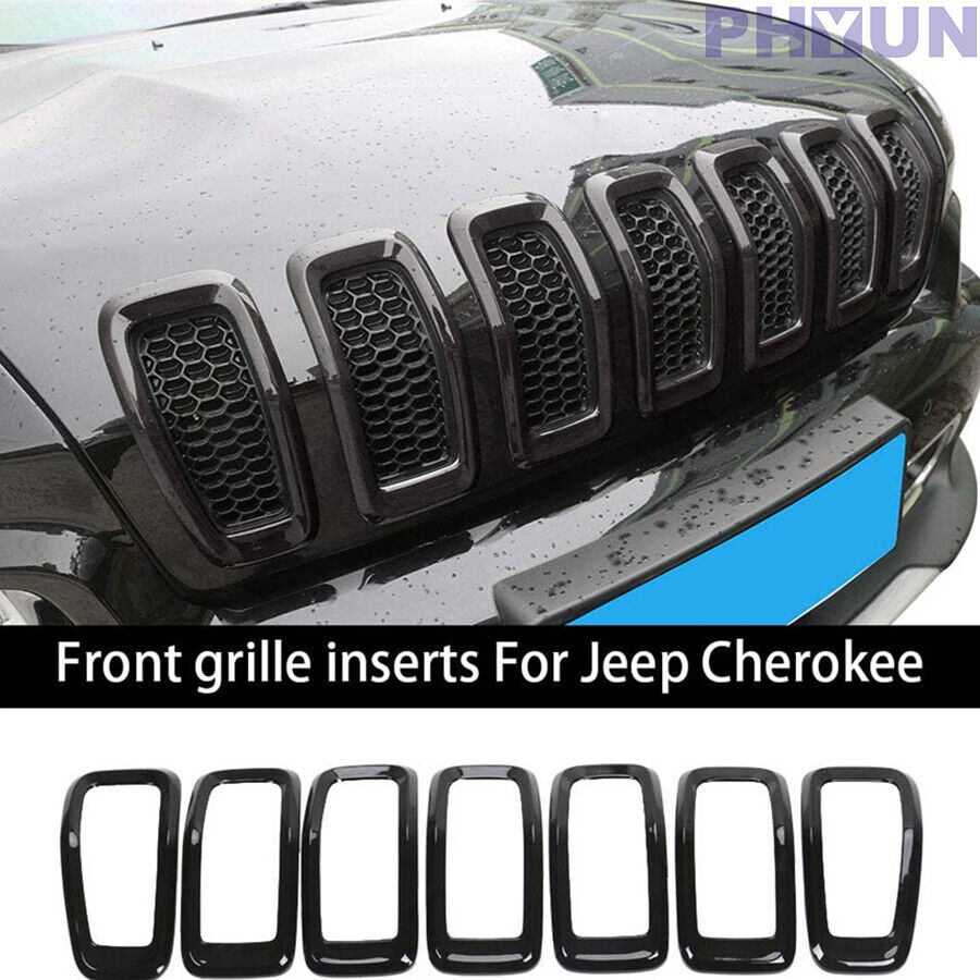 7 Pcs Black ABS Car Front Grille Inserts Ring Trim Cover For Jeep Cherokee 14-18