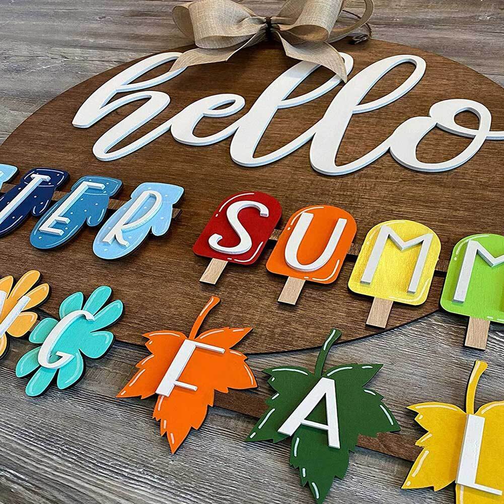 Seasonal Hello Sign Front Garland Doorplate Wooden Wall Hanging Decoration